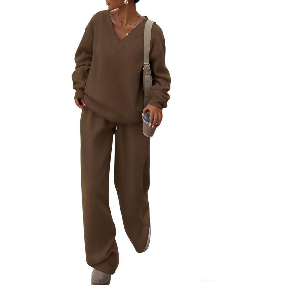 Women’s Knit Two Piece Set V Neck Sweatshirt Wide Leg Pants Casual Winter